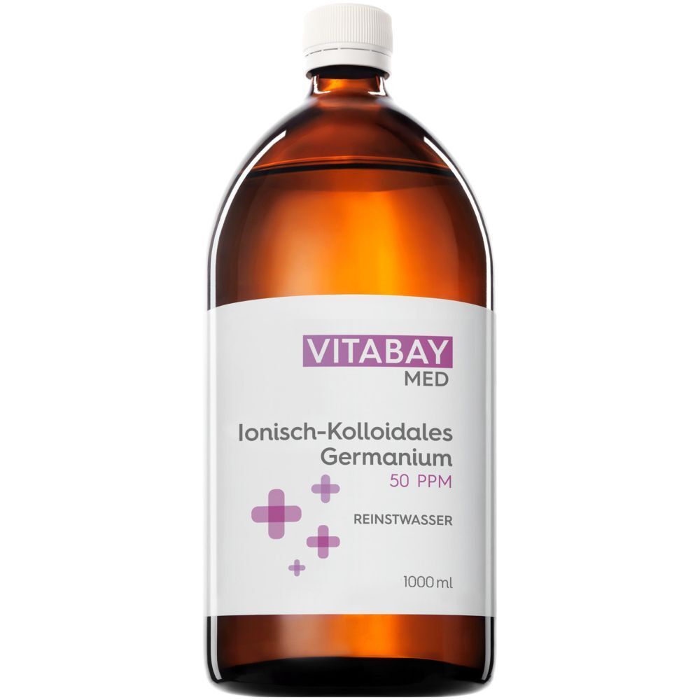 Bruine glazen fles met witte schroefdop, gevuld met heldere vloeistof. Etiket toont "VITABAY MED", "Ionisch-Colloïdaal Germanium 50 PPM", "REINWATER" en "1000ml".