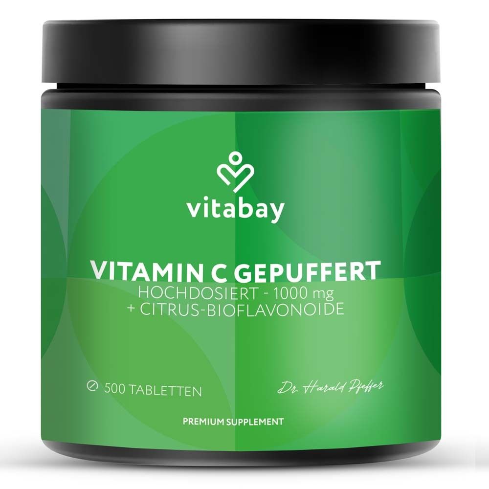 Boîte verte à couvercle noir. Inscription : Vitamine C tamponnée, 1000 mg + Bioflavonoïdes d'agrumes. 500 comprimés.
