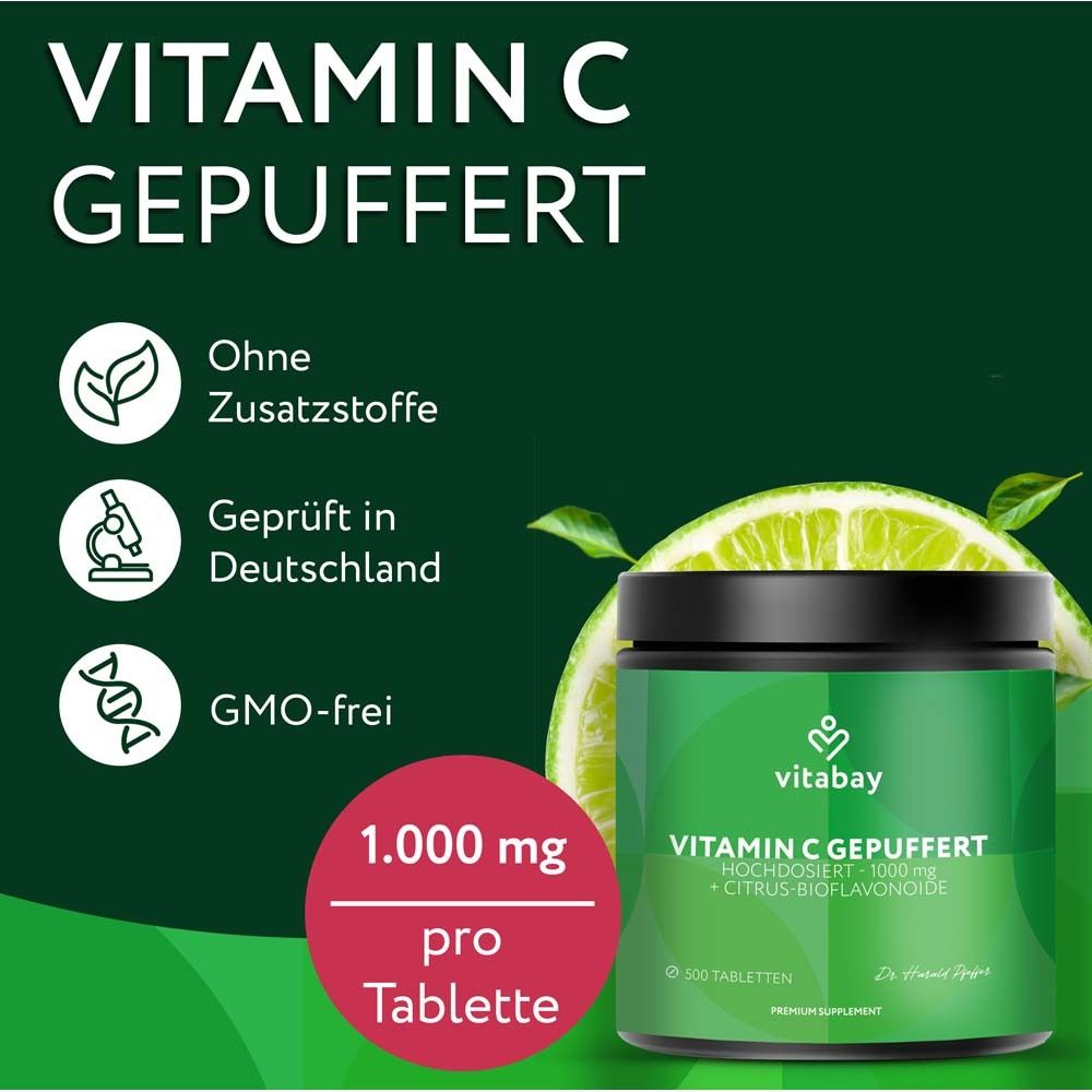 Boîte verte de vitamine C tamponnée. Texte : 1 000 mg par comprimé. Sans additifs. Testé en Allemagne. Sans OGM.