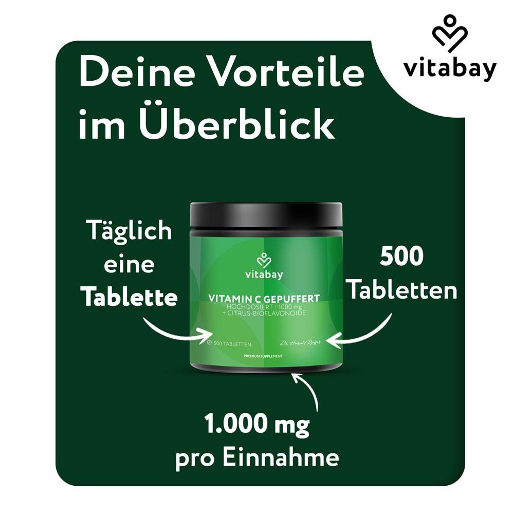 Boîte verte de vitamine C tamponnée. Texte : Un comprimé par jour. 500 comprimés. 1 000 mg par prise.