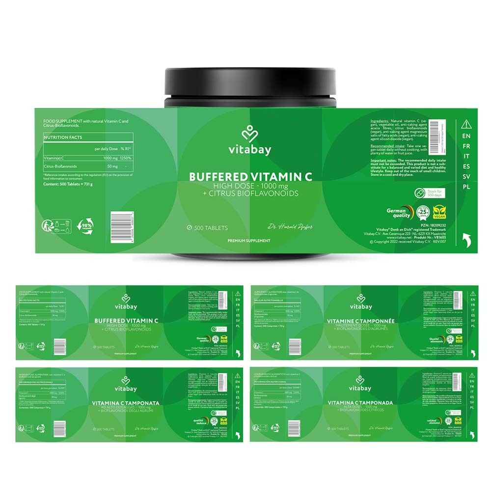Emballage de vitamine C tamponnée. Étiquettes multilingues. Ingrédients, informations nutritionnelles, fabricant.