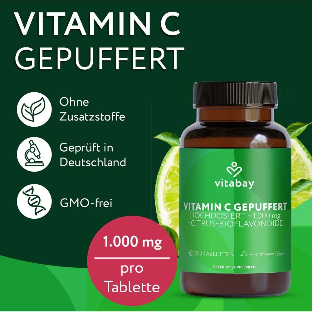 Flacon Vitamine C 1000 mg Vitabay avec tranches de citron, sans additifs.