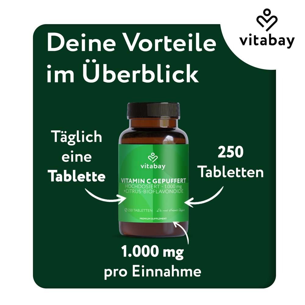 Flacon Vitamine C 1000 mg Vitabay, 250 comprimés, prise quotidienne.