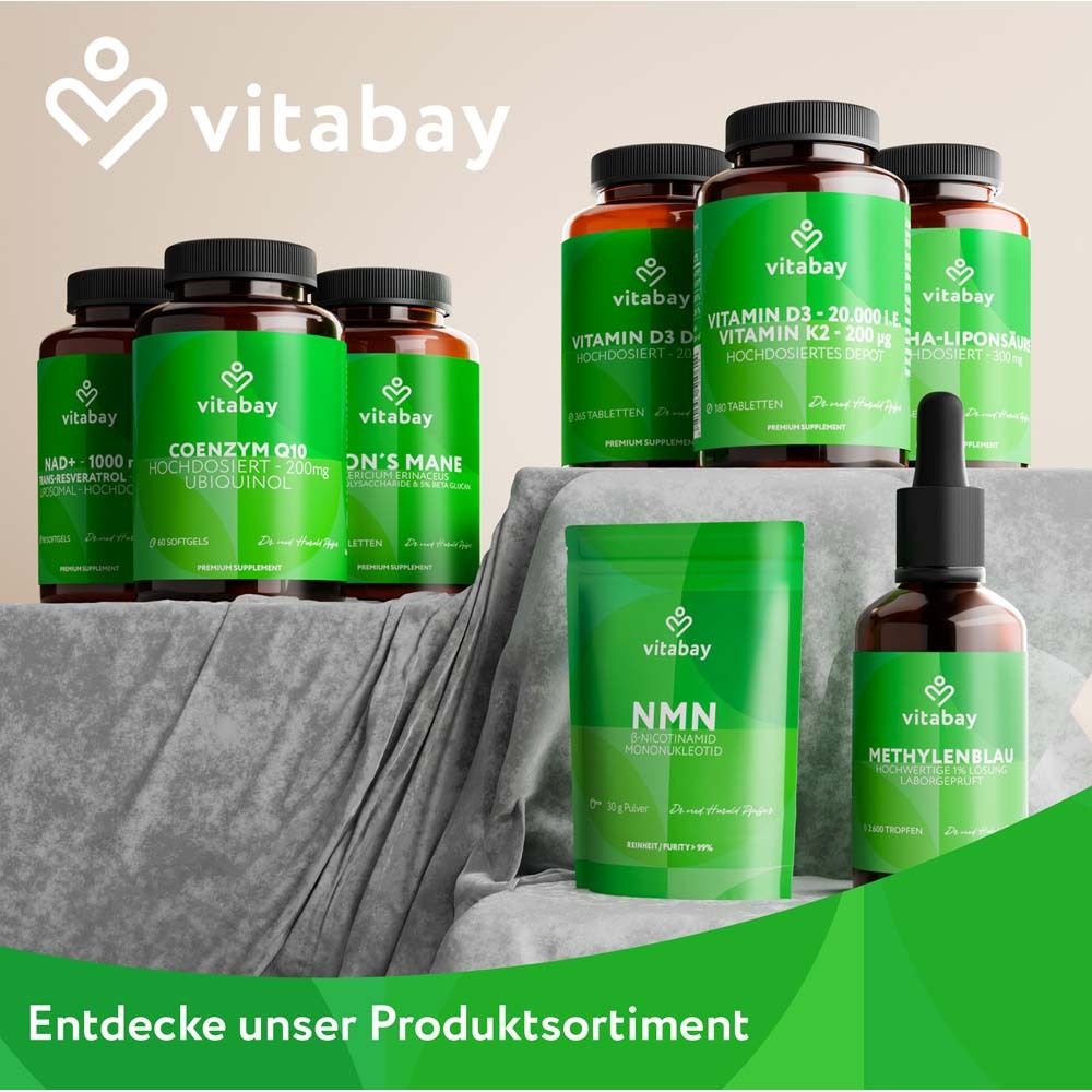 Gamme de produits Vitabay : Vitamine C, D3, K2, NMN, Coenzyme Q10, Lion's Mane.