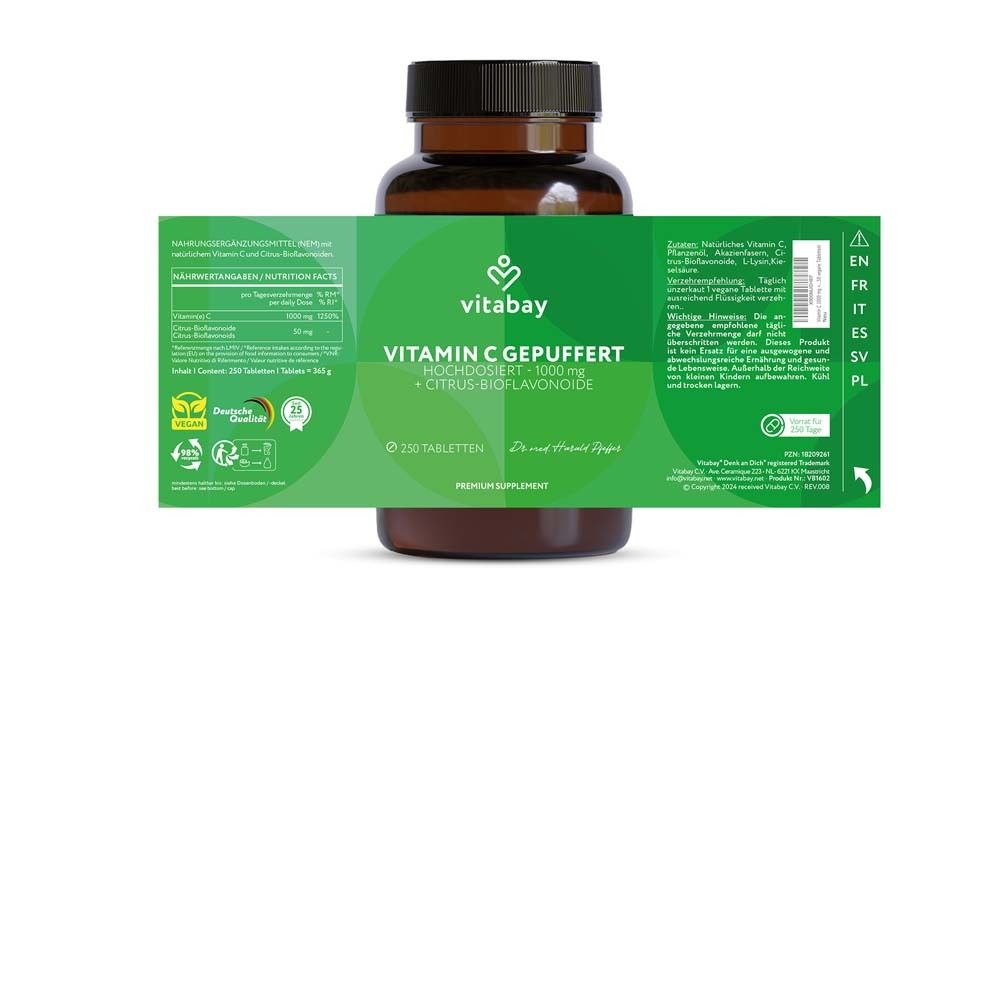 Arrière du flacon Vitamine C 1000 mg Vitabay avec informations nutritionnelles.