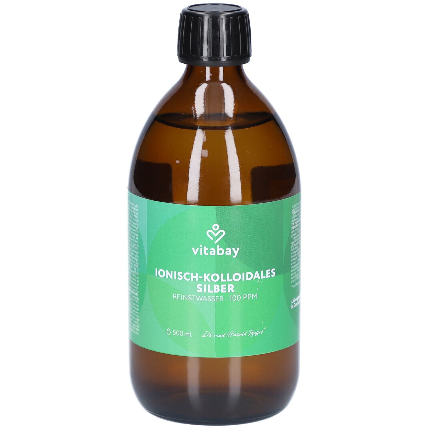 Bruine glazen fles met witte dop en etiket. Opschrift: vitabay® Med, Ionisch-Kolloidale Zilver, 100 PPM, Zuiver water.