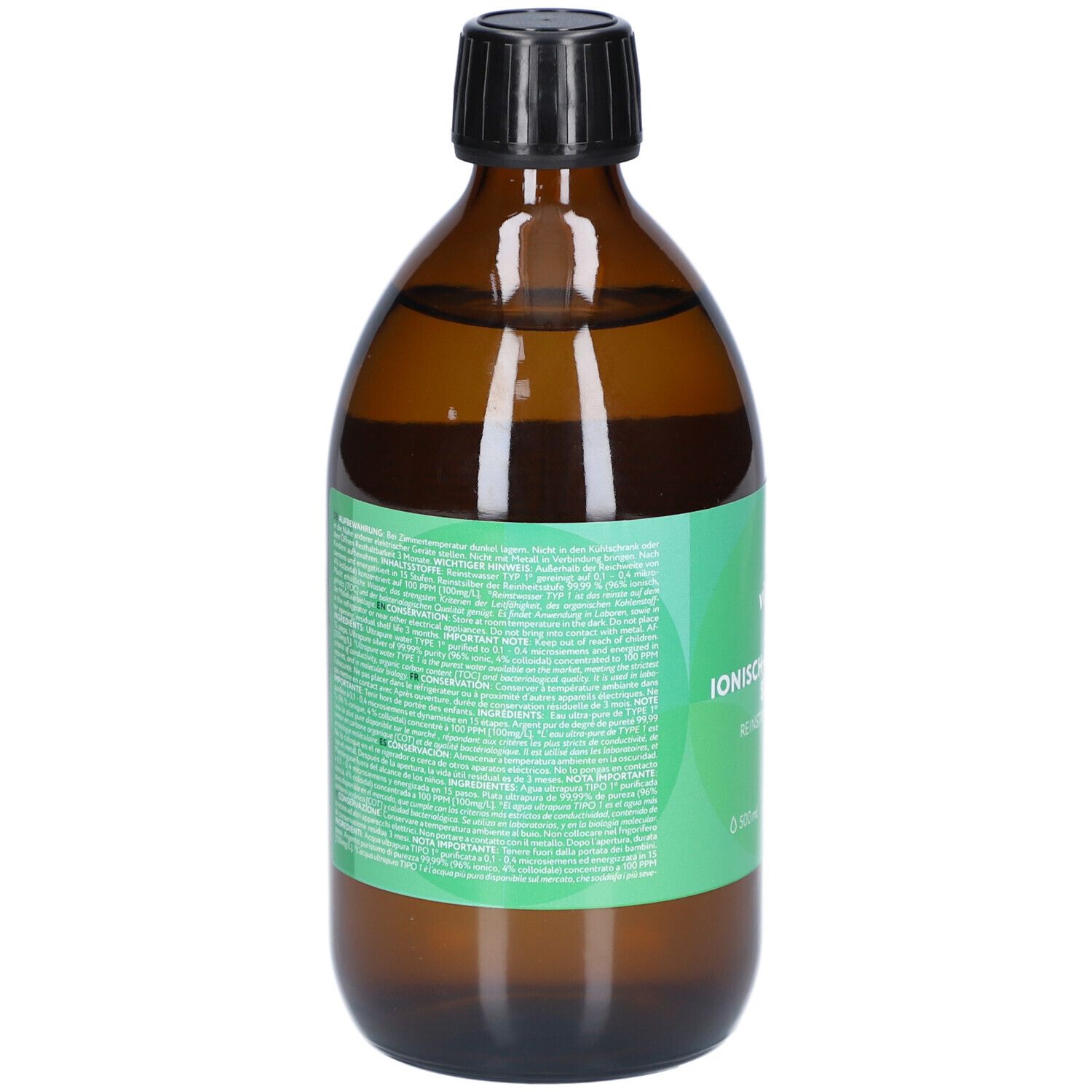 Bruine glazen fles met witte dop. Etiket met tekst. Opschrift: vitabay® Med, Ionisch-Kolloidale Zilver, 100 PPM, Zuiver water.