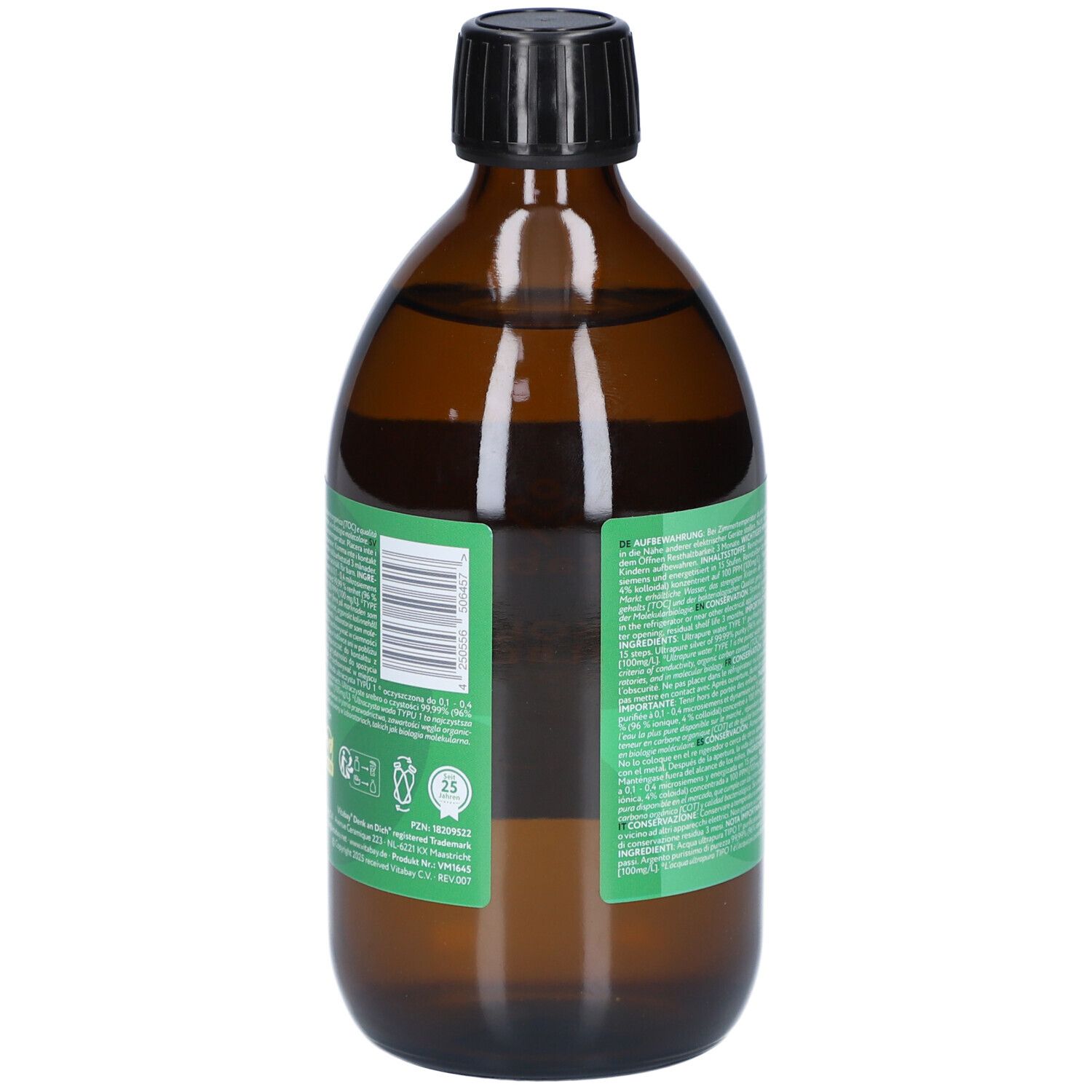 Bruine glazen fles met witte dop. Achterkant met tekst. Opschrift: vitabay® Med, Ionisch-Kolloidale Zilver, 100 PPM, Zuiver water.