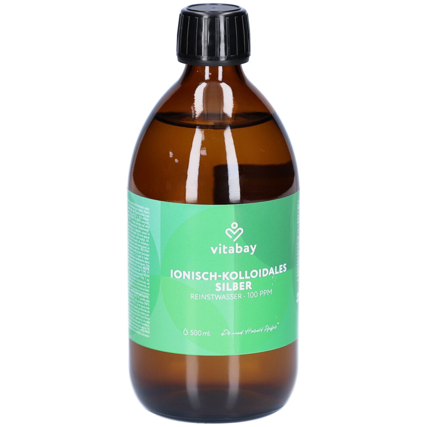 Bruine glazen fles met witte dop en etiket. Opschrift: vitabay® Med, Ionisch-Kolloidale Zilver, 100 PPM, Zuiver water.