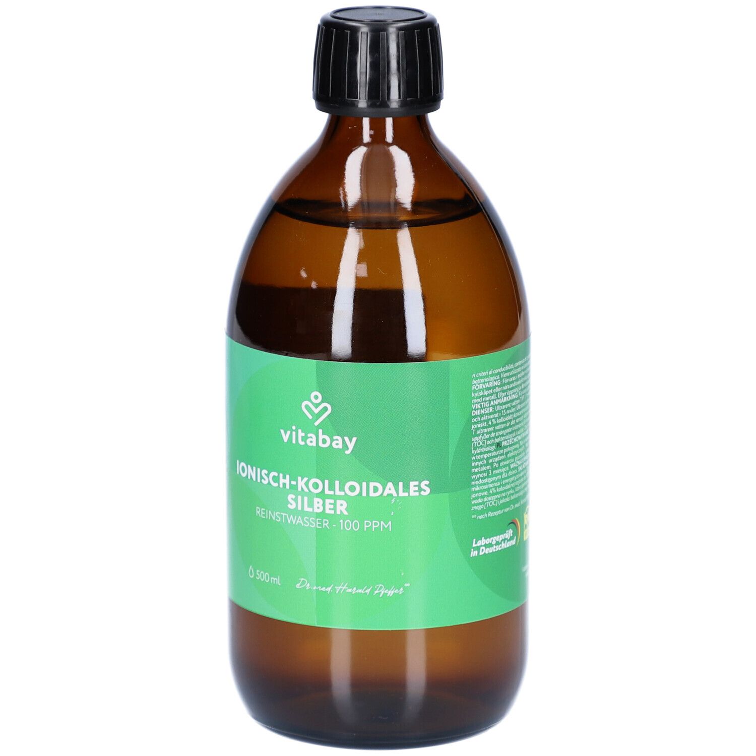 Bruine glazen fles met witte dop en etiket. Opschrift: vitabay® Med, Ionisch-Kolloidale Zilver, 100 PPM, Zuiver water.