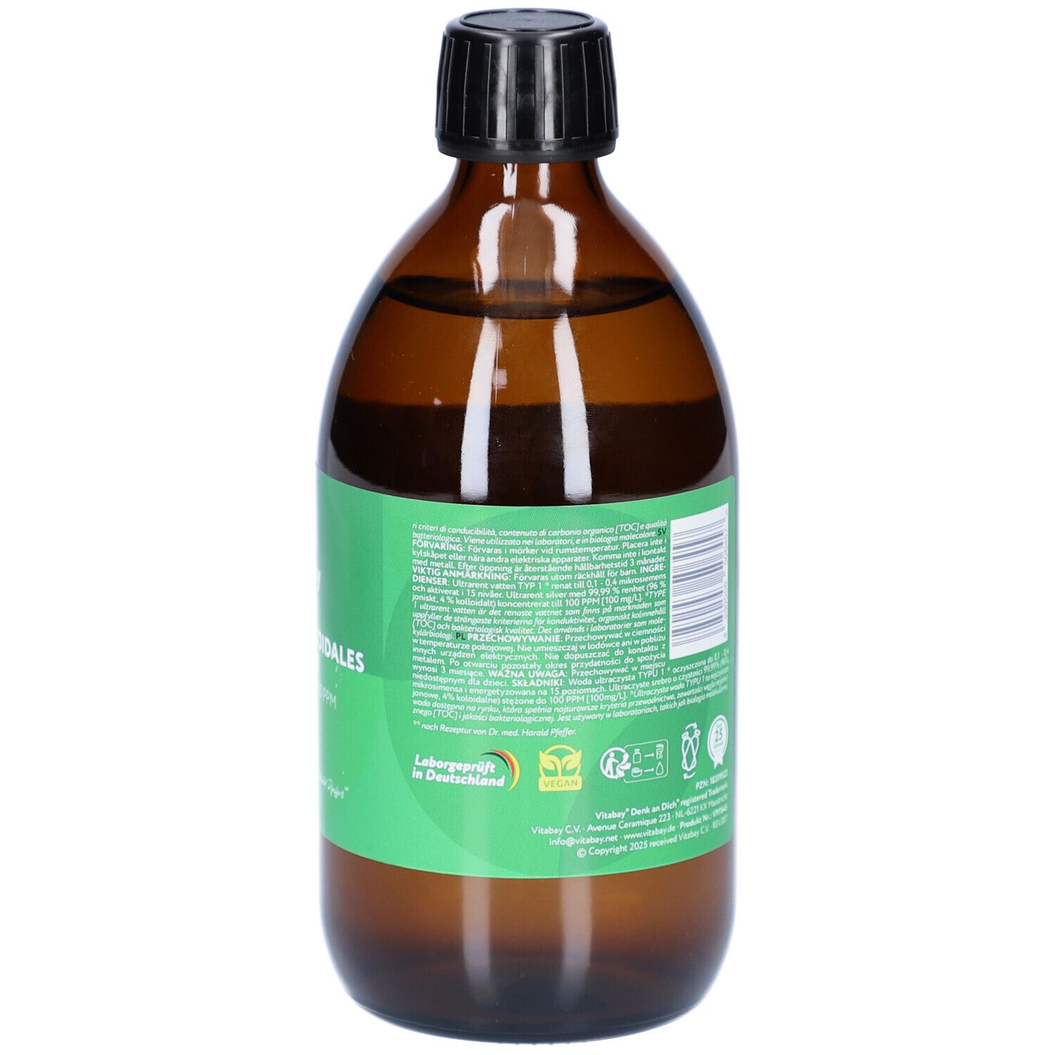 Bruine glazen fles met witte dop. Achterkant met tekst. Opschrift: vitabay® Med, Ionisch-Kolloidale Zilver, 100 PPM, Zuiver water.