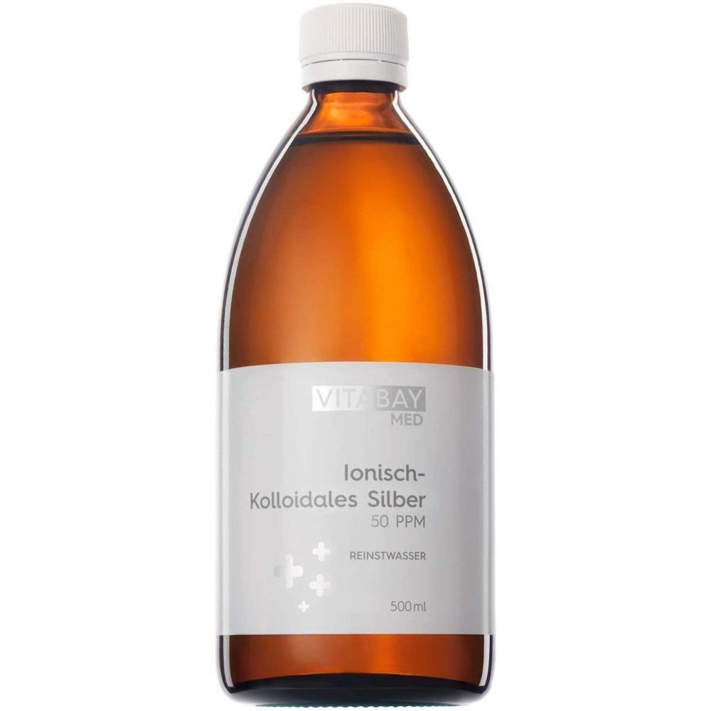 Bouteille en verre brun avec étiquette blanche : Argent colloïdal ionique 50 PPM, 500ml.