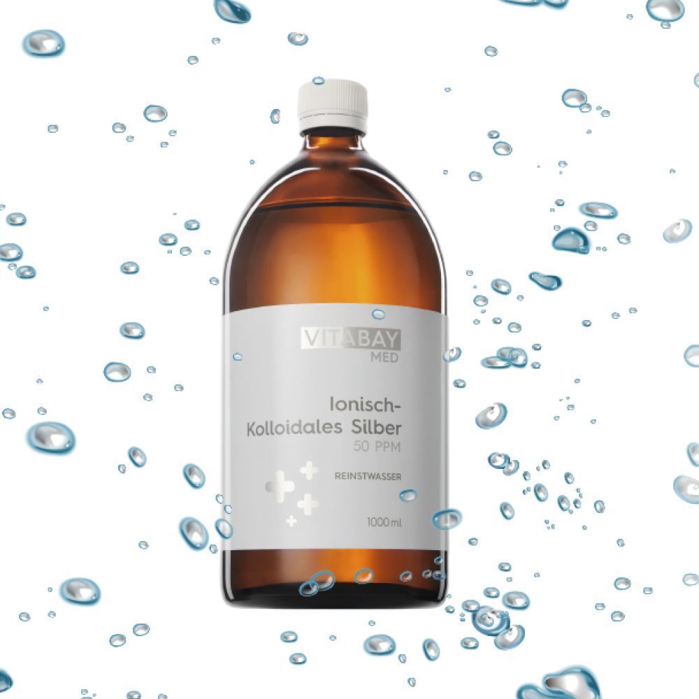 Bouteille en verre brun avec étiquette blanche, entourée de gouttes d'eau : Argent colloïdal ionique 50 PPM, 1000ml.