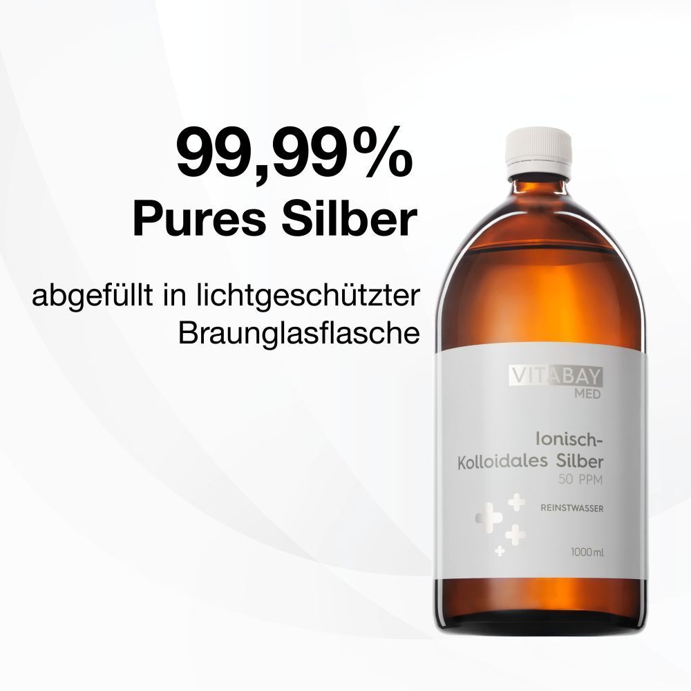 Bouteille en verre brun, 99,99% d'argent pur, conditionnée en flacon en verre brun protégeant de la lumière, 1000ml.