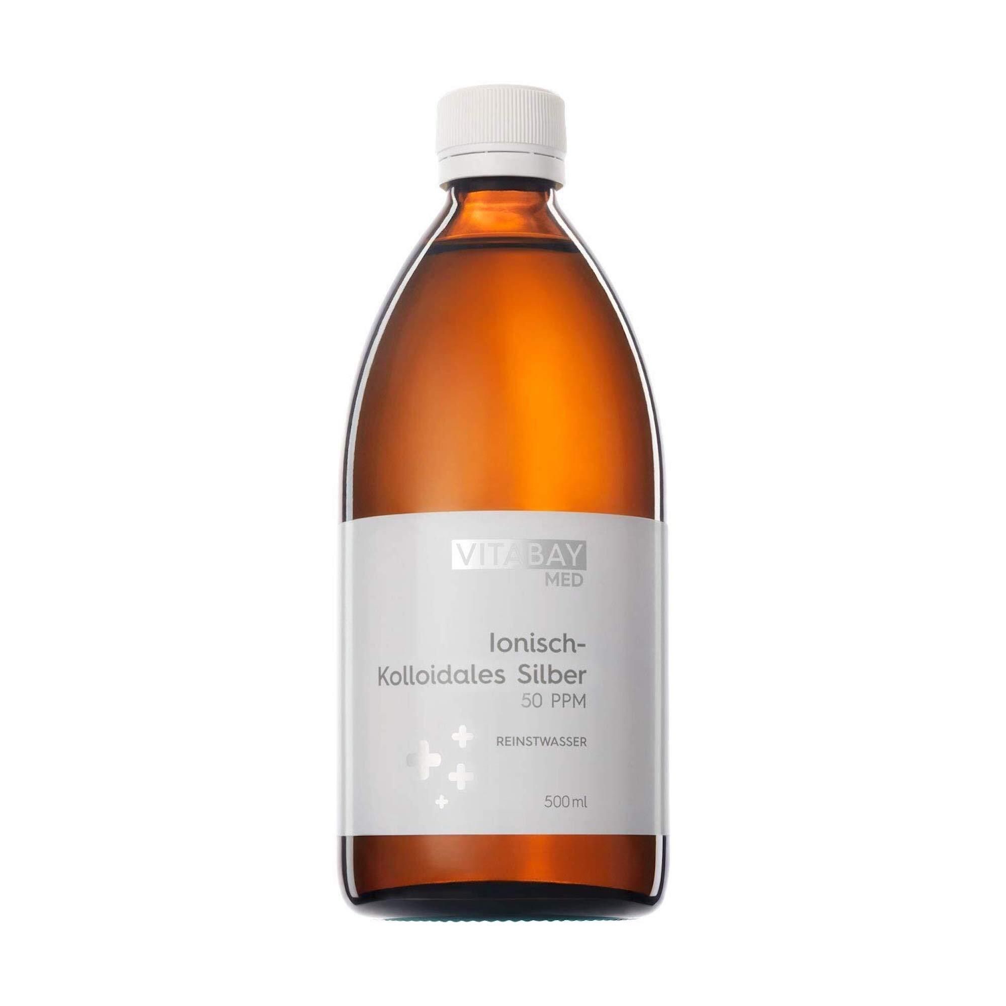 Bouteille en verre brun avec étiquette verte : Vitabay Argent colloïdal ionique, 500ml.