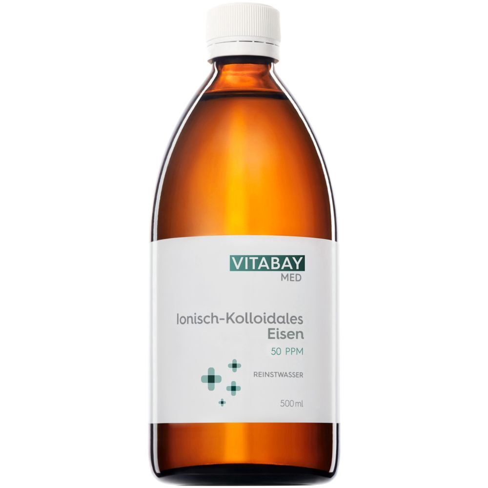 Flacon en verre brun avec étiquette blanche. Inscription : Vitabay Med, Fer ionique-colloïdal 50 PPM, 500ml.