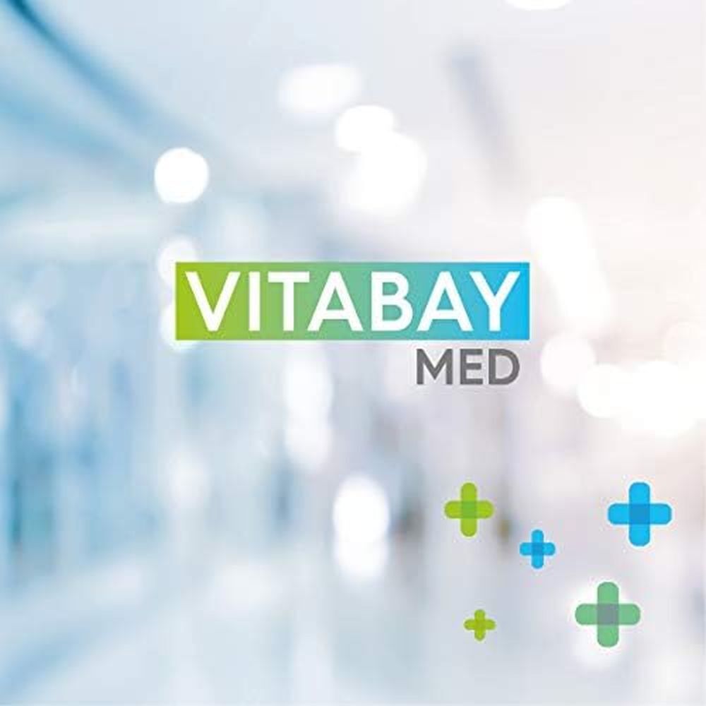 Logo Vitabay Med sur fond flou. Logo vert et bleu avec symboles en croix.
