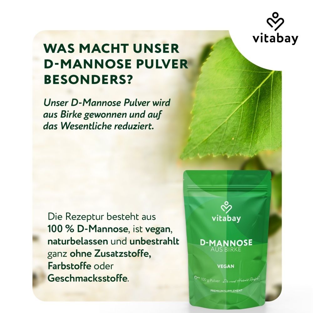 Poudre Vitabay D-Mannose de bouleau. 100% D-Mannose, végane, naturelle, non irradiée. Sans additifs.
