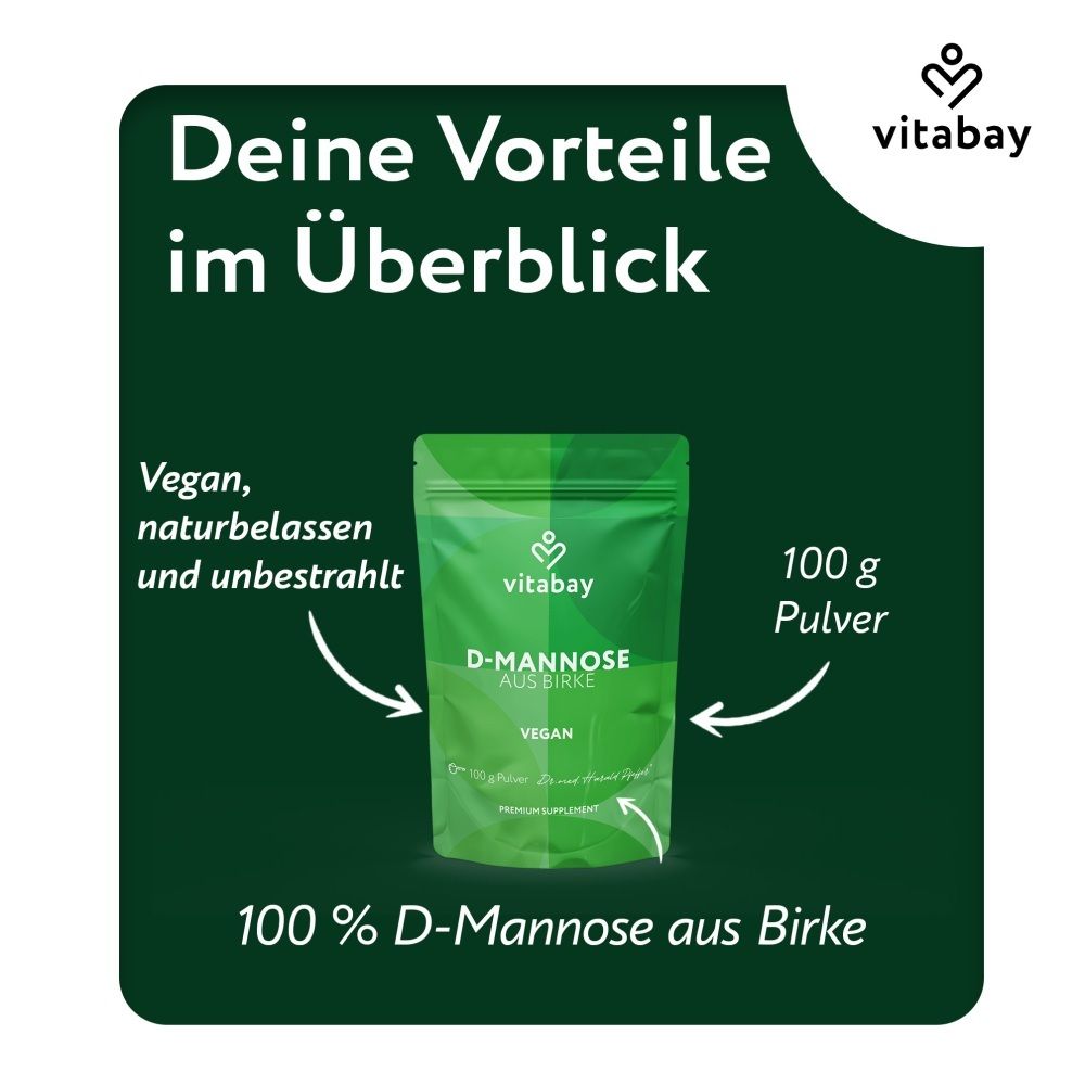Sachet Vitabay D-Mannose de bouleau. Poudre 100g. Végane, naturelle, non irradiée. 100% D-Mannose.