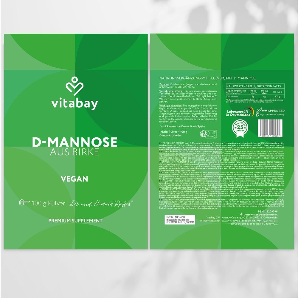 Avant et arrière du sachet Vitabay D-Mannose de bouleau. 100g poudre. Végan.