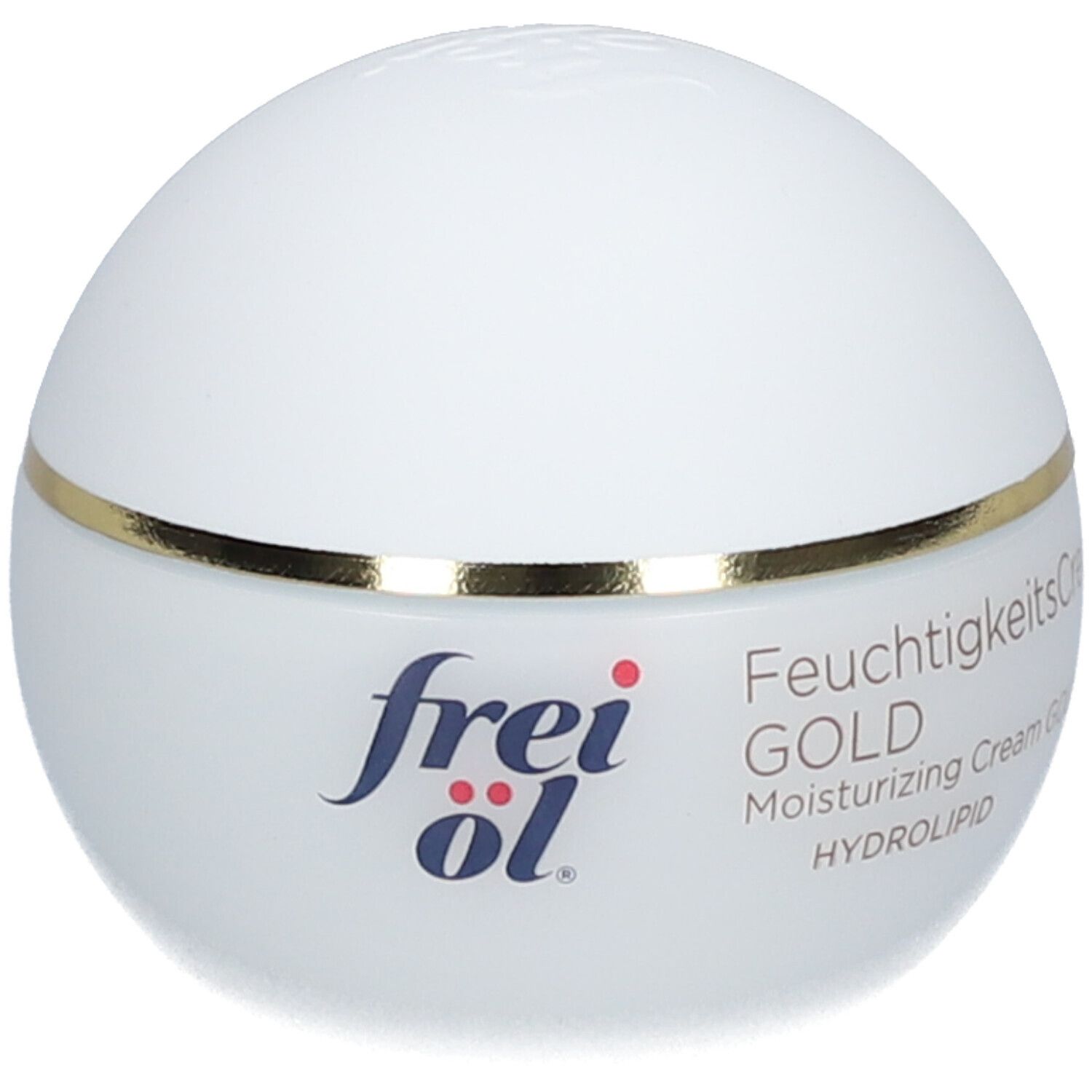 Pot de crème blanc avec bord doré. Inscription : frei öl, FeuchtigkeitsCreme GOLD, HYDROLIPID.