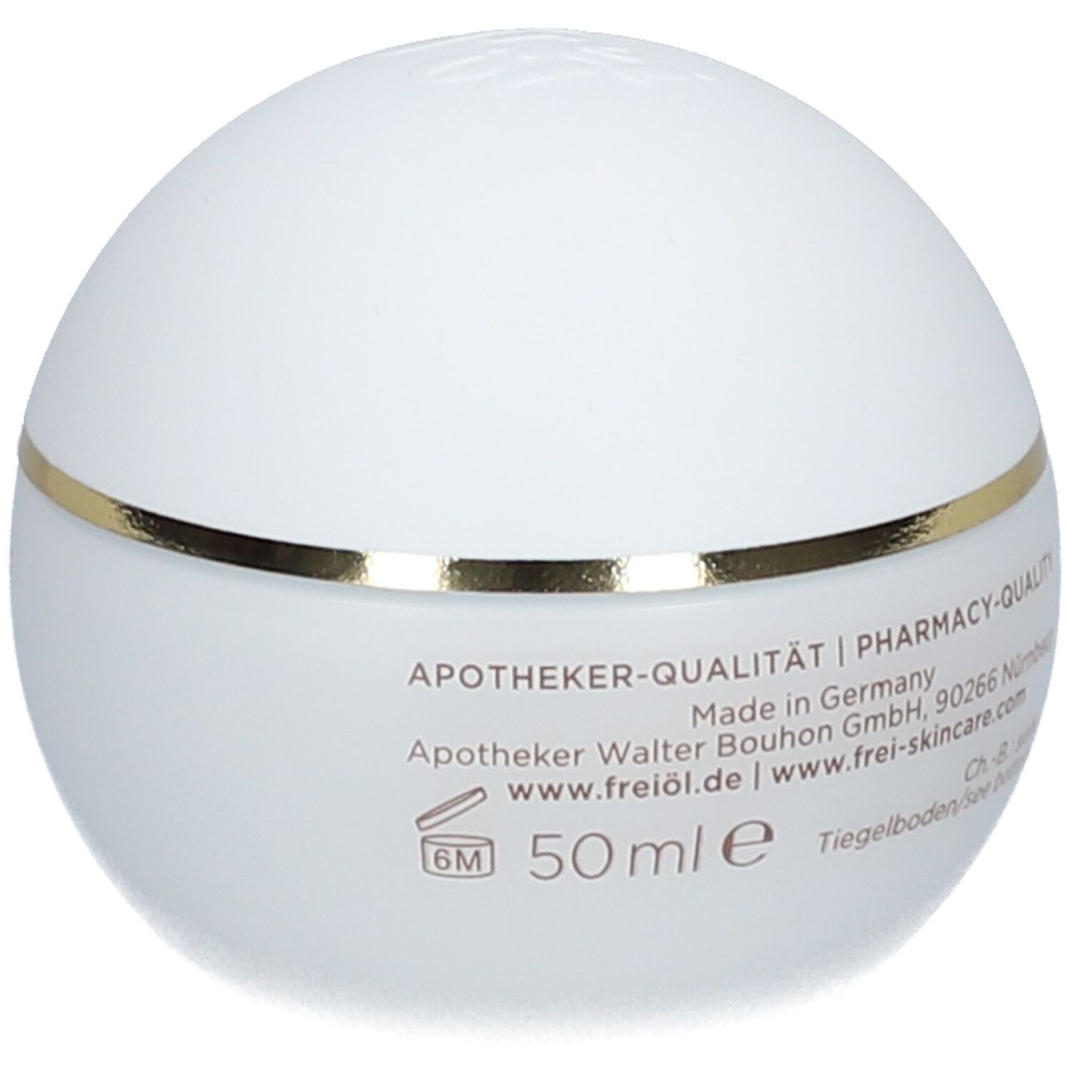 Pot de crème blanc avec bord doré. Inscription : Apotheker-Qualität, 50 ml, Made in Germany.