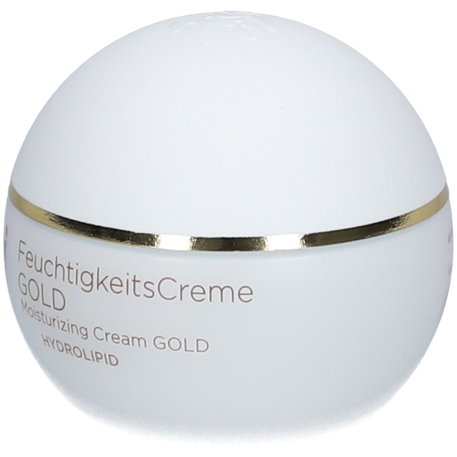 Pot de crème blanc avec bord doré. Inscription : FeuchtigkeitsCreme GOLD, HYDROLIPID, Moisturizing Cream GOLD.