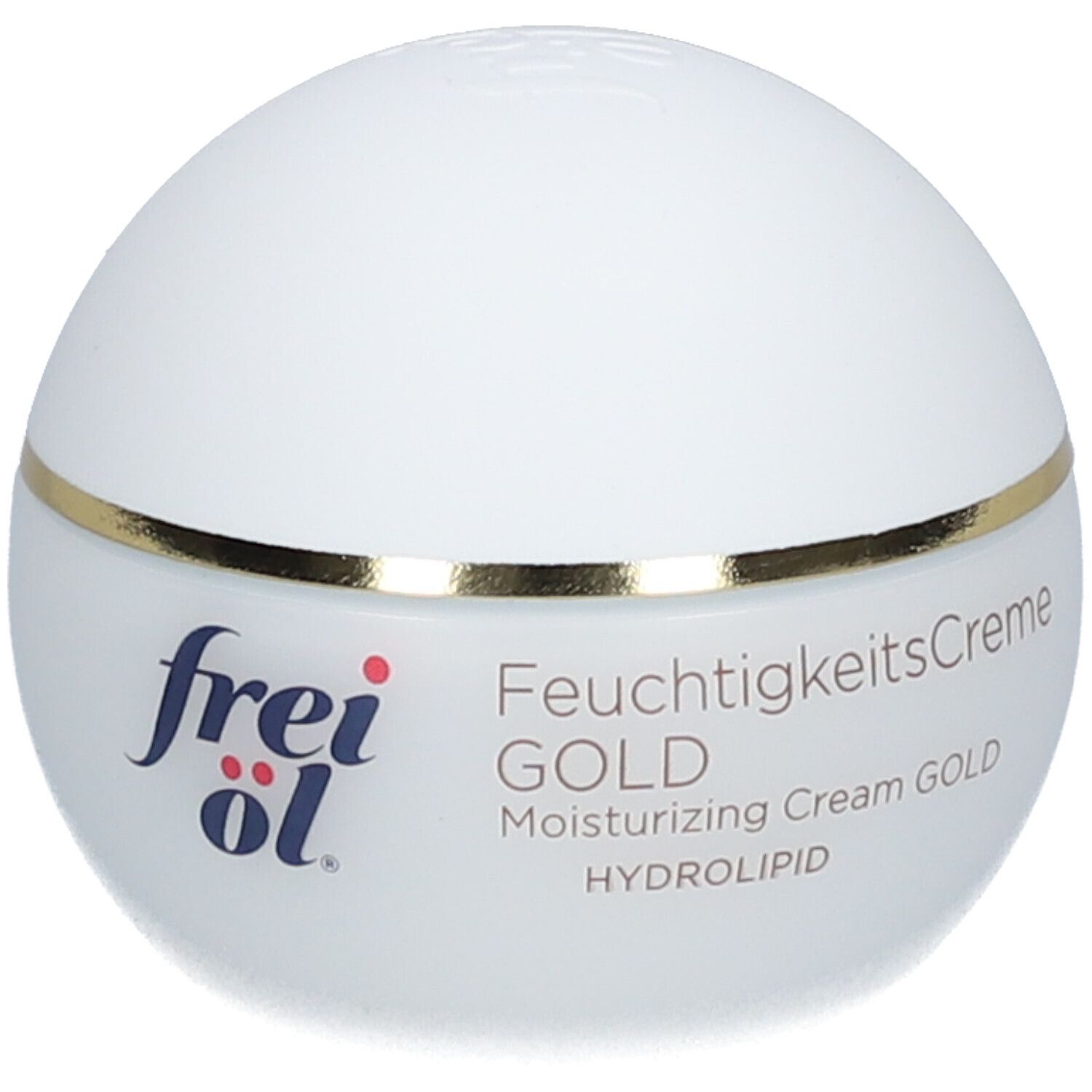 Pot de crème blanc avec bord doré. Inscription : frei öl, FeuchtigkeitsCreme GOLD, HYDROLIPID.