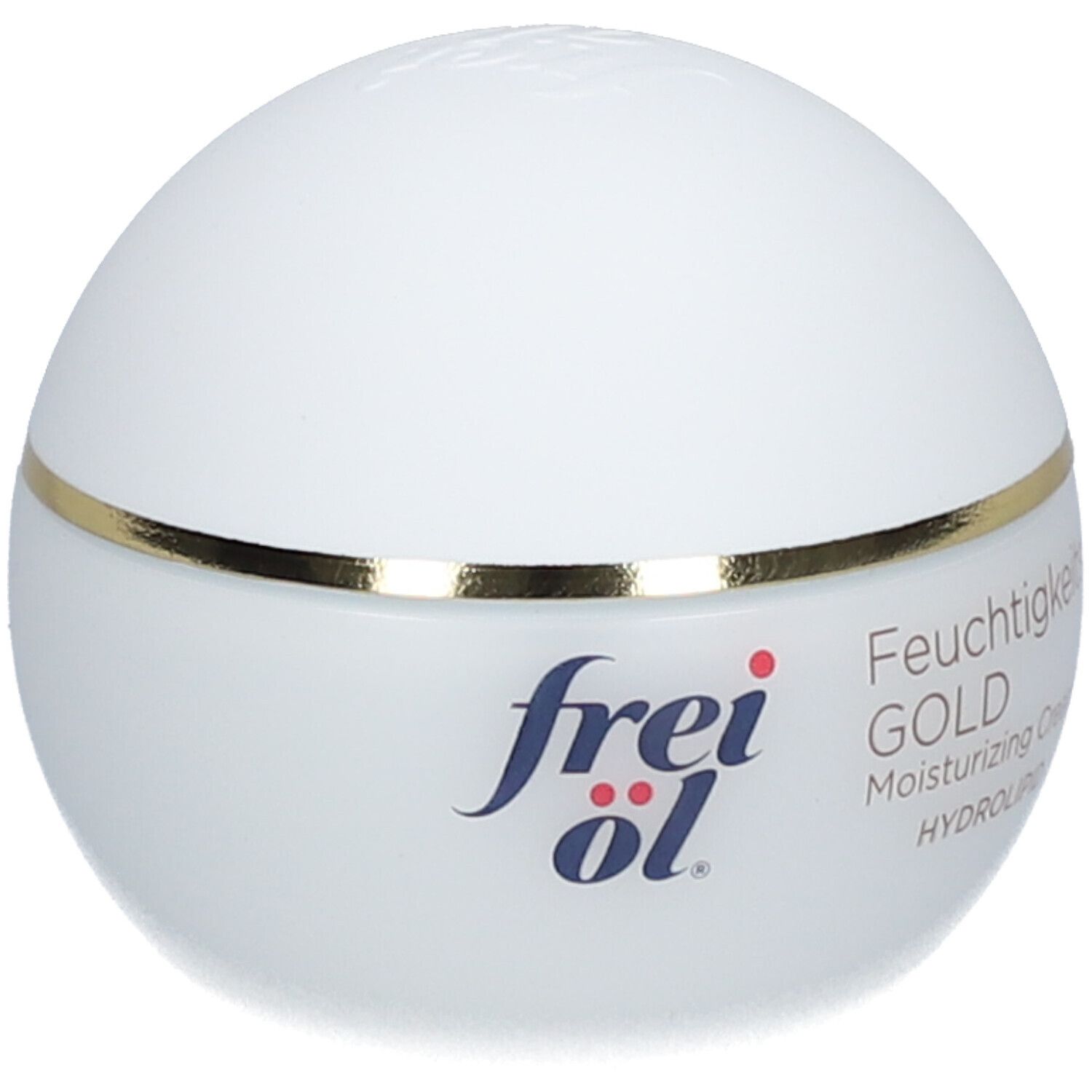 Pot de crème blanc avec bord doré. Inscription : frei öl, FeuchtigkeitsCreme GOLD, HYDROLIPID.