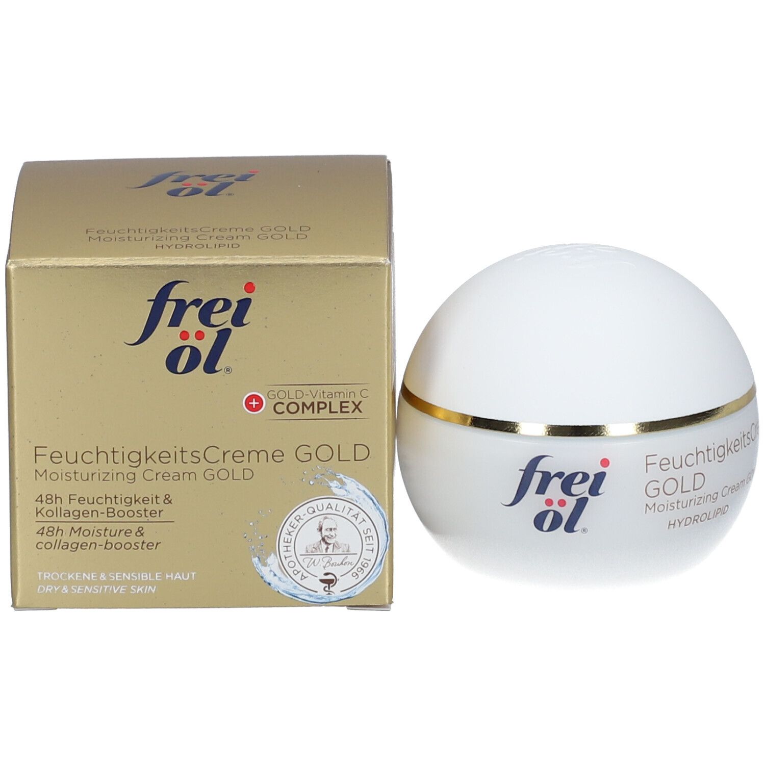 Pot de crème blanc et carton doré. Inscription : frei öl, FeuchtigkeitsCreme GOLD, HYDROLIPID, GOLD-Vitamin C COMPLEX.