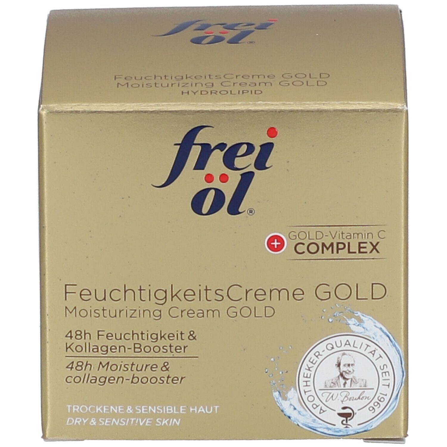 Boîte dorée. Inscription : frei öl, FeuchtigkeitsCreme GOLD, HYDROLIPID, GOLD-Vitamin C COMPLEX.