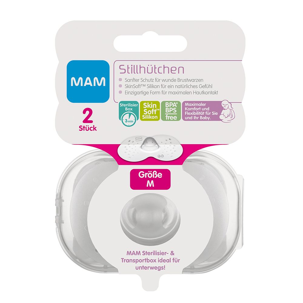 MAM tepelhoedjes Gr. M in verpakking. Twee stuks in een steriliseerbare doos. Maat M.