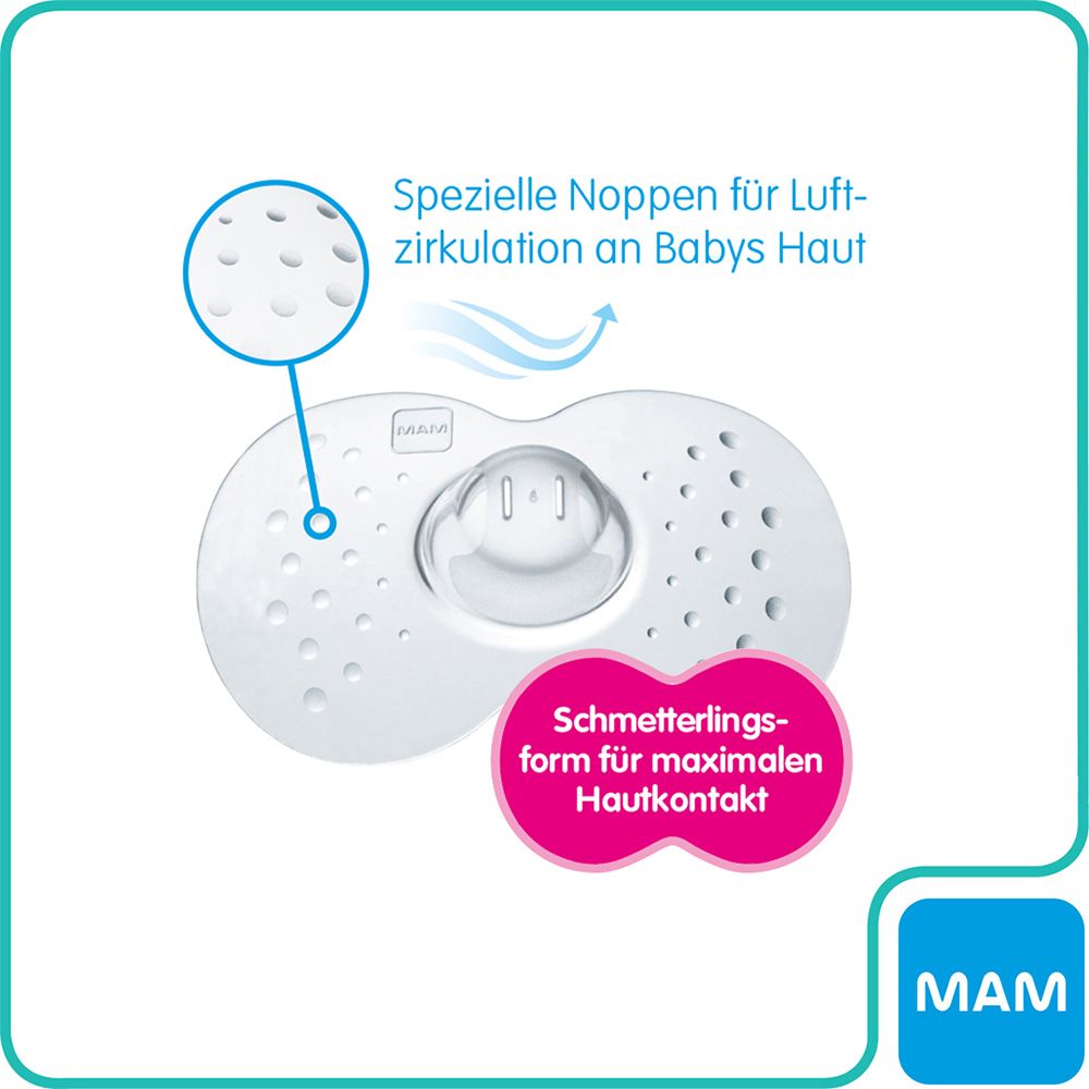 MAM tepelhoedje met vlindervorm. Speciale nopjes voor luchtcirculatie. MAM logo.