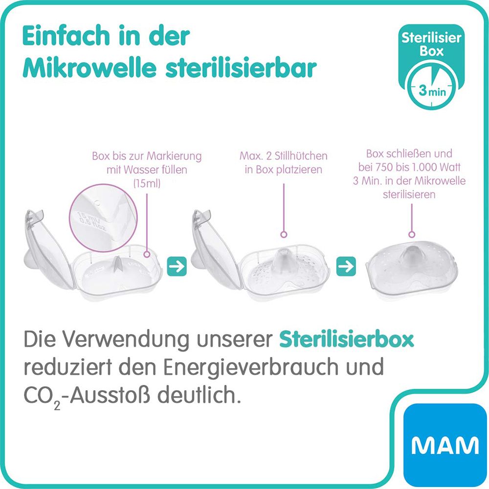 Instructies voor het steriliseren van MAM tepelhoedjes in de magnetron. Doos, water, 3 minuten.