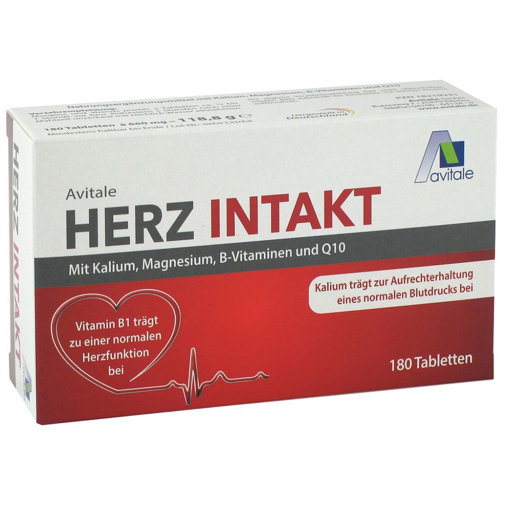 Verpakking van Avitale HERZ INTAKT. Witte doos met rood veld. Tekst: HERZ INTAKT, 180 tabletten. Bevat kalium, magnesium, B-vitamines en Q10.