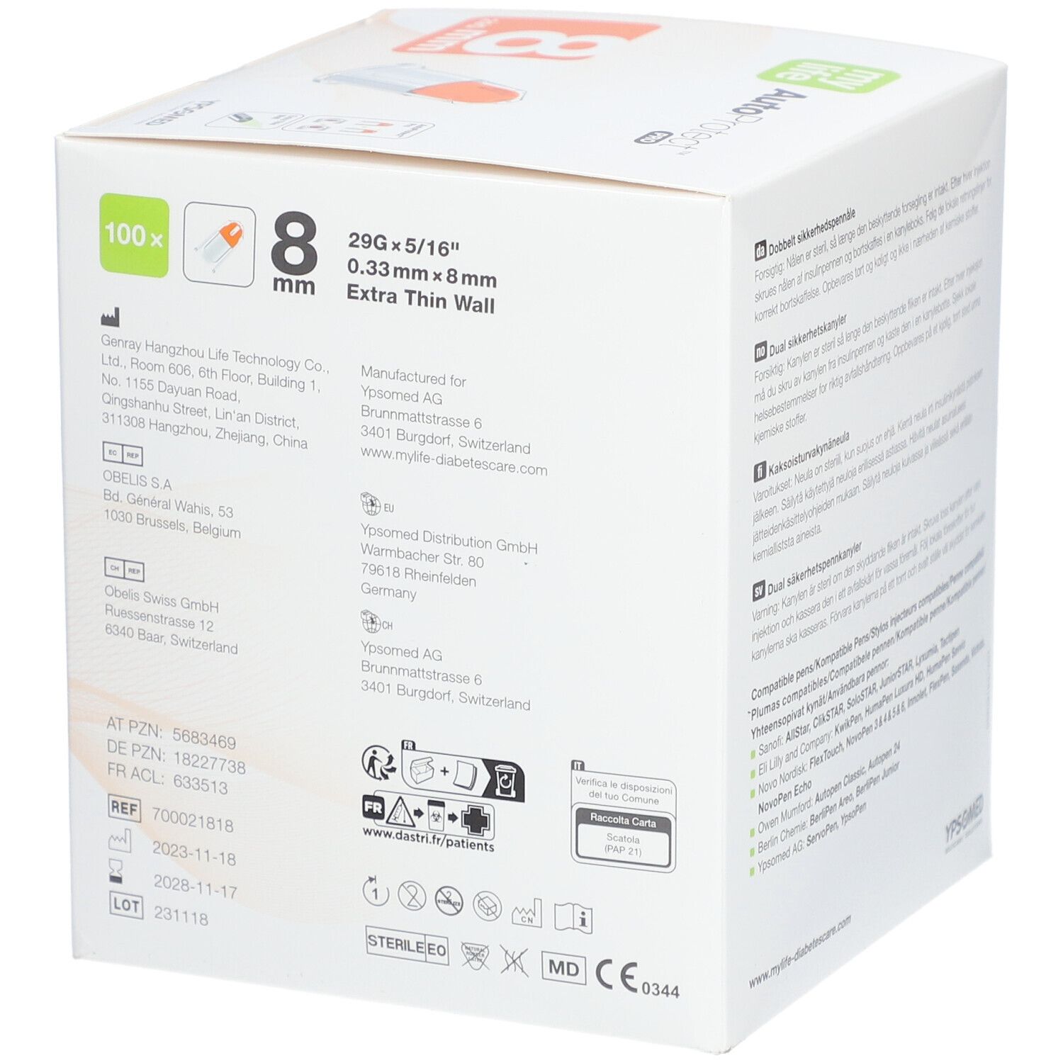 mylife AutoProtect PRO Aiguilles de sécurité pour stylo 8 mm 29 G