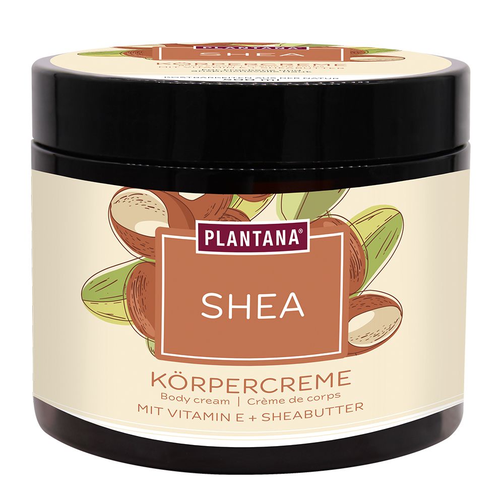 Crèmepot met deksel. Opschrift: PLANTANA SHEA Körpercreme. Illustratie van sheanoten en bladeren.
