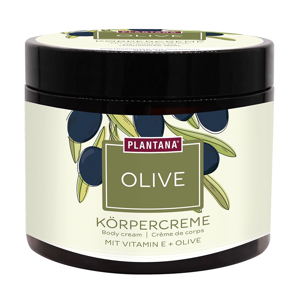 Crèmepot met zwarte deksel. Etiket met olijf-illustratie en opschrift OLIVE. Tekst: Körpercreme, Body cream, Crème de corps.
