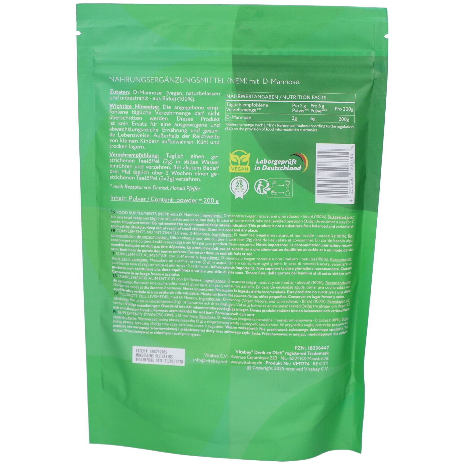 Arrière du sachet Vitabay D-Mannose de bouleau avec informations nutritionnelles.
