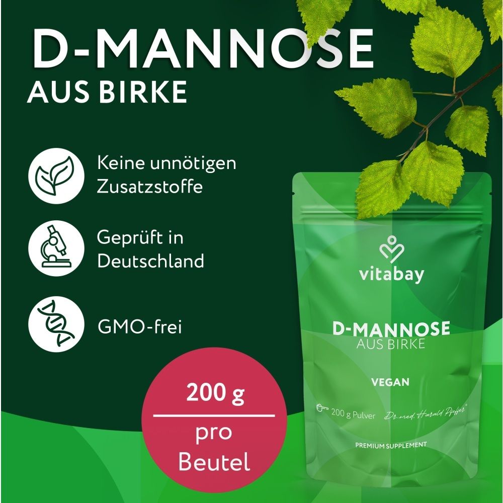 Sachet Vitabay D-Mannose de bouleau, 200g, végan, sans OGM, testé en Allemagne.