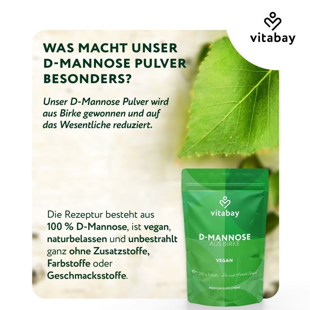Poudre Vitabay D-Mannose de bouleau: 100% D-Mannose, végane, naturelle, non irradiée.