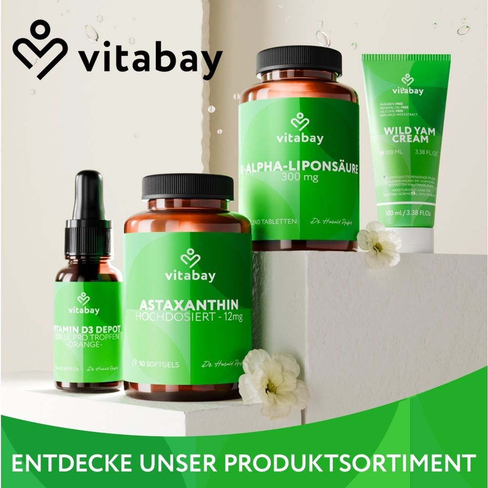 Gamme de produits Vitabay: Astaxanthine, Acide Alpha-Lipoïque, Vitamine D3, Crème Wild Yam.