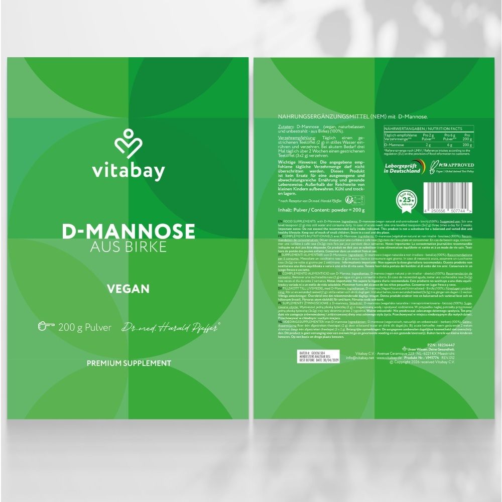 Avant et arrière du sachet Vitabay D-Mannose de bouleau, 200g.