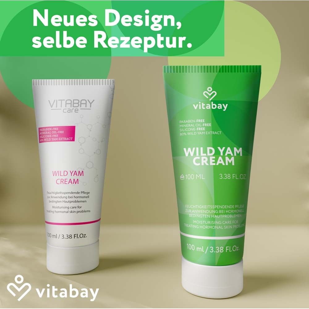Deux tubes "Wild Yam Cream". Un blanc et un vert. Texte : "Nouveau design, même formule".