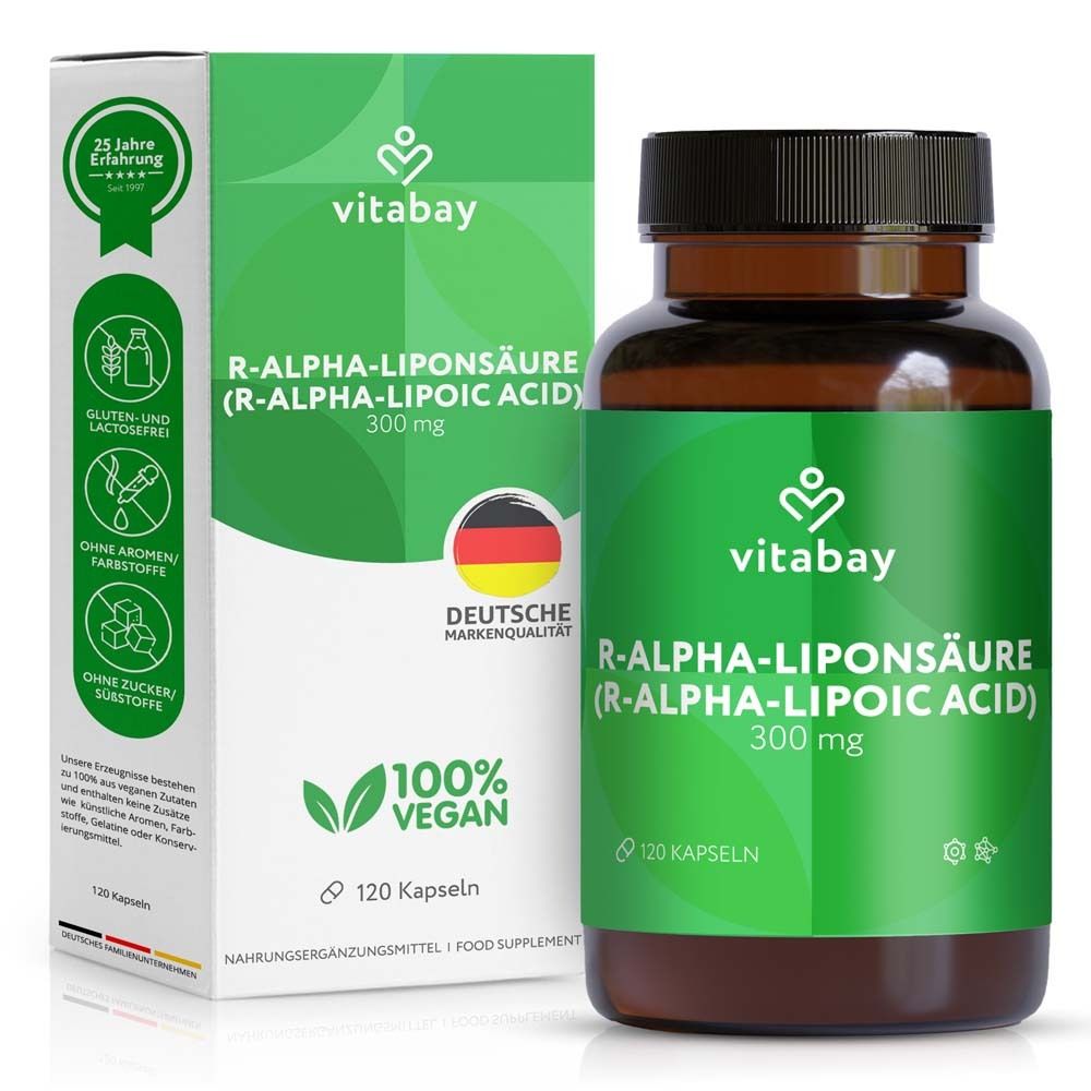 Vitabay R-Alpha-Liponzuur 300 mg capsules en doosje.