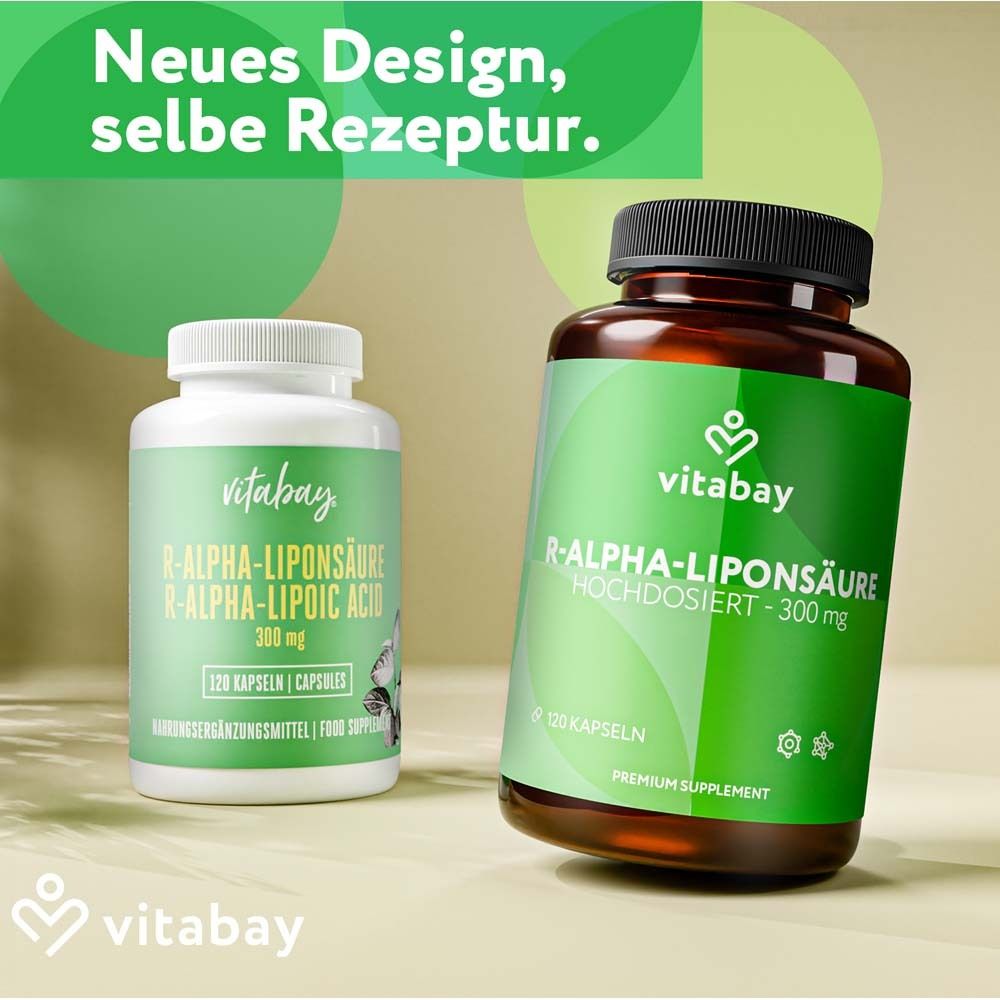 Twee Vitabay R-Alpha-Liponzuur flessen, één wit, één bruin.