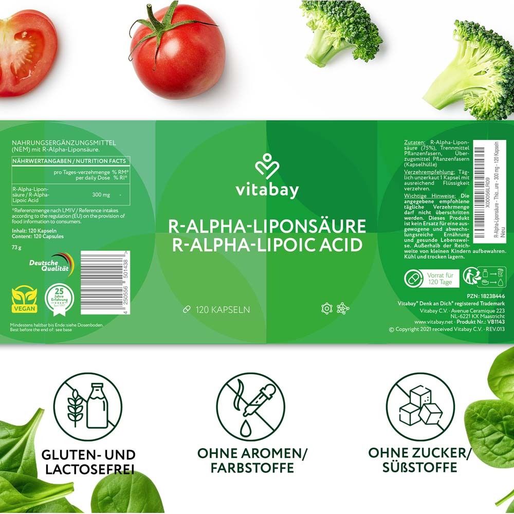 Vitabay R-Alpha-Liponzuur verpakking met groenten en voedingswaarde.