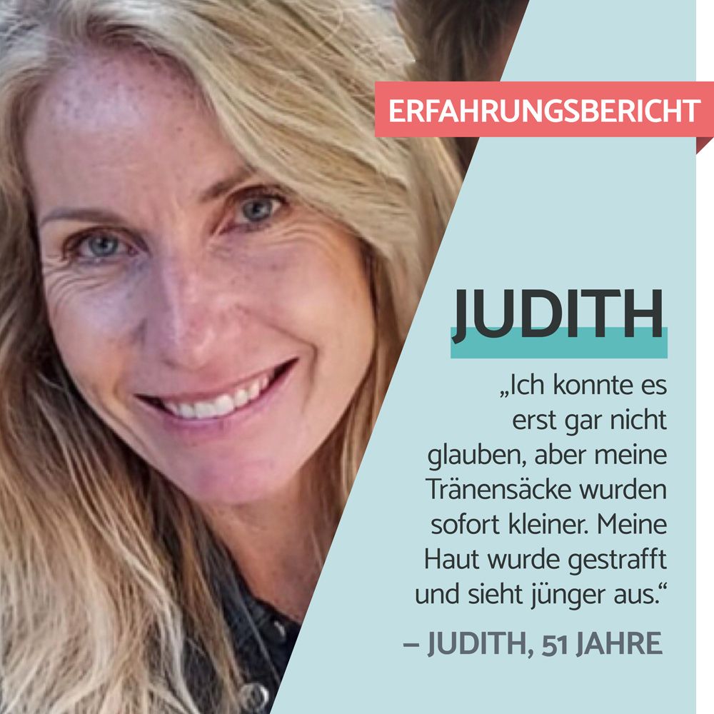 Tube avec texte du produit. Inscription : Eye Bags Dark Circles. 8ml. Texte : 8 ml suffisent pour 180 utilisations.