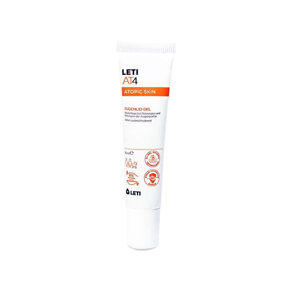 Tube blanche LETI AT4 Augenlid Gel. Détails orange. Texte: ATOPIC SKIN, Augenlid Gel.