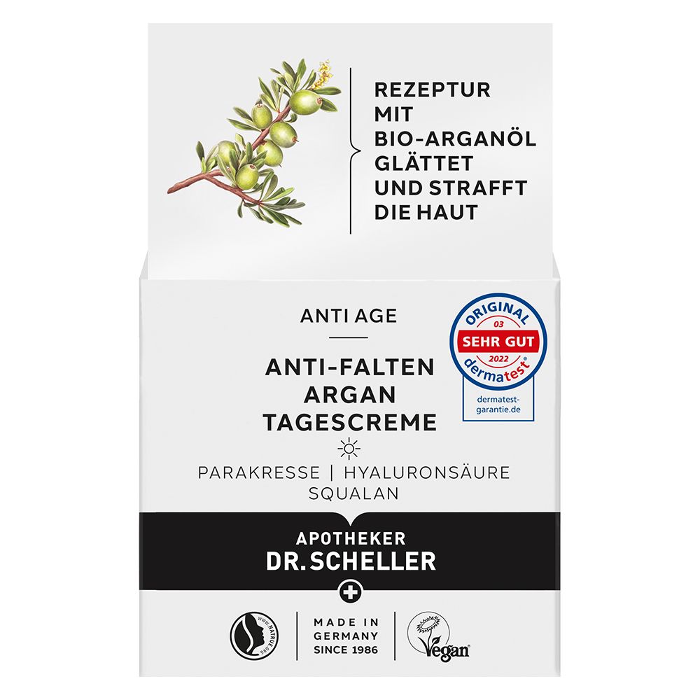 Crèmeverpakking. Witte doos met productnaam en logo. Keurmerk: Zeer goed. Vegan keurmerk. Arganolie illustratie.